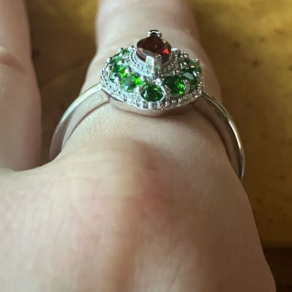 Natural Red Garnet Chrome Diopside Sterling Silver Halo Ring Size 10 - Picture 2 of 8